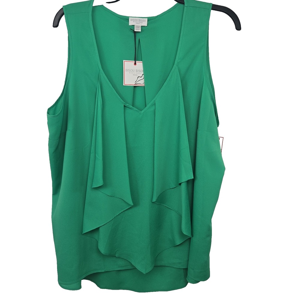 Bisou‎ Bisou Michelle Bordot Plus Size 2X Green Chiffon Sleeveless Ruffle Blouse